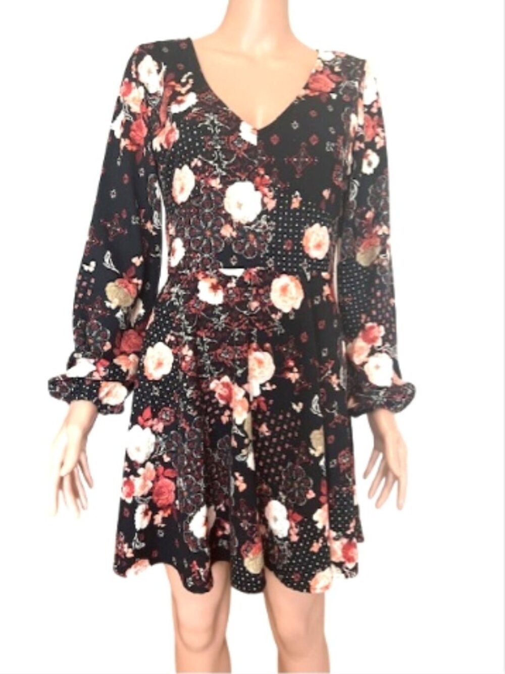Abercrombie Fitch Dress Medium Fit & Flare Black Floral Short Long Puff Sleeve